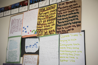 A wall inside one of the RISE classrooms is decorated with letters to President Donald Trump from children in the after-school program. 